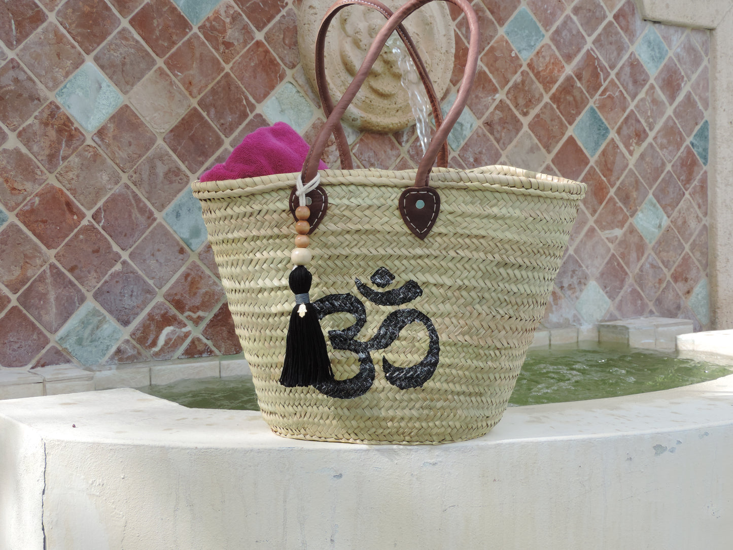 Straw Bag/Yoga Bag, Hand-Painted Black Om Symbol