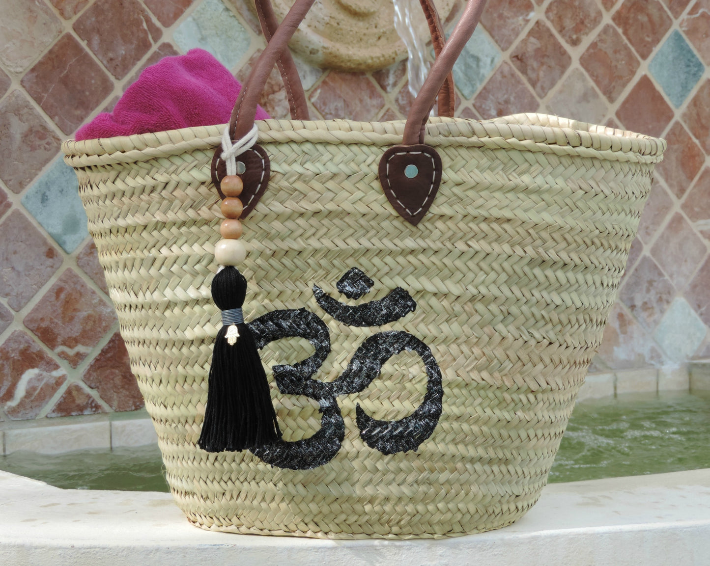 Straw Bag/Yoga Bag, Hand-Painted Black Om Symbol